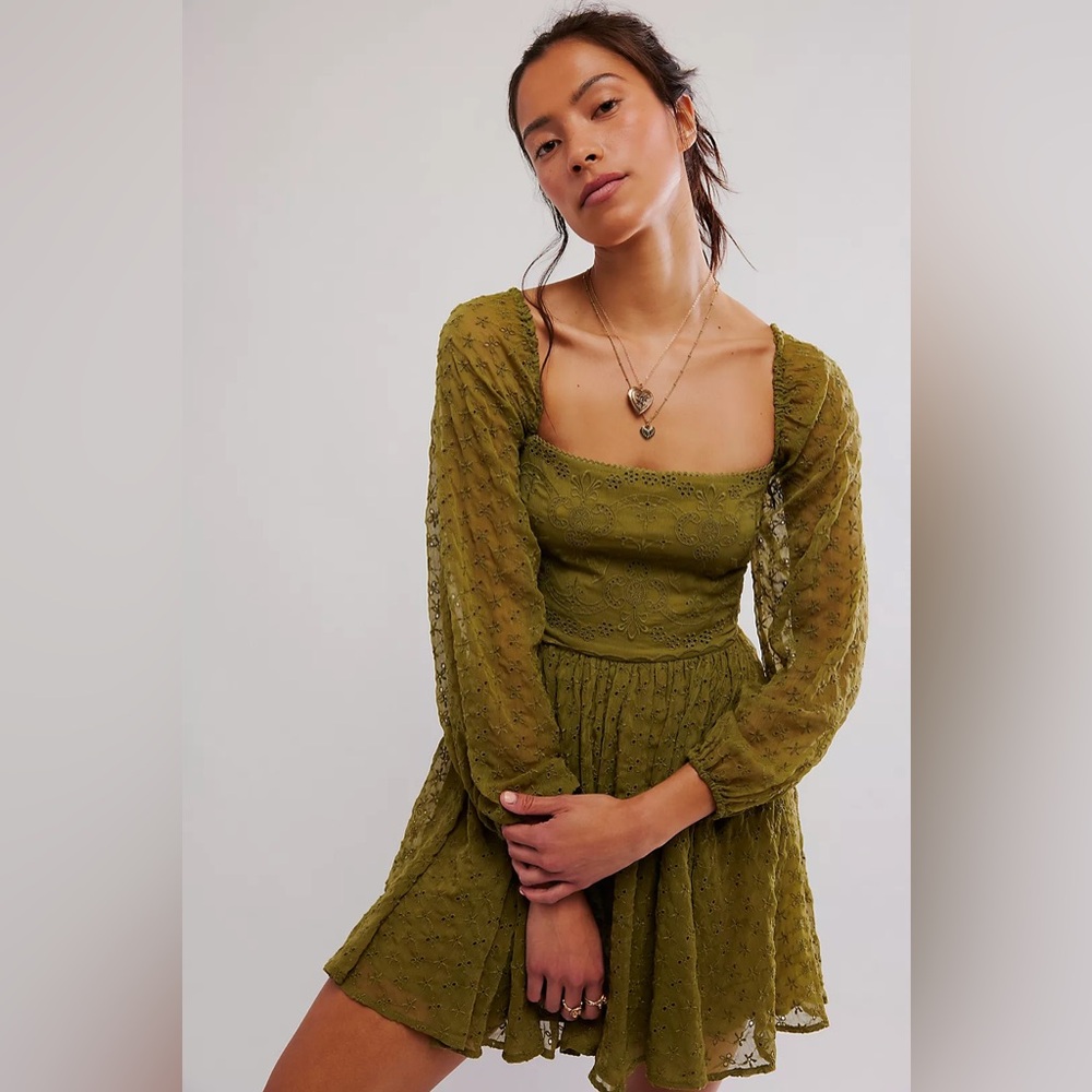 Free People Malina Mini Dress NWOT Size M Green Eyelet Overlay